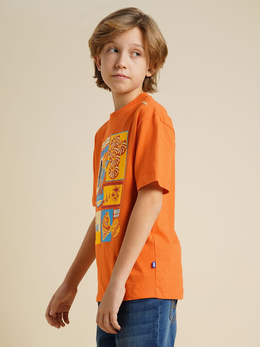 Boys Orange Printed Cotton T-shirt