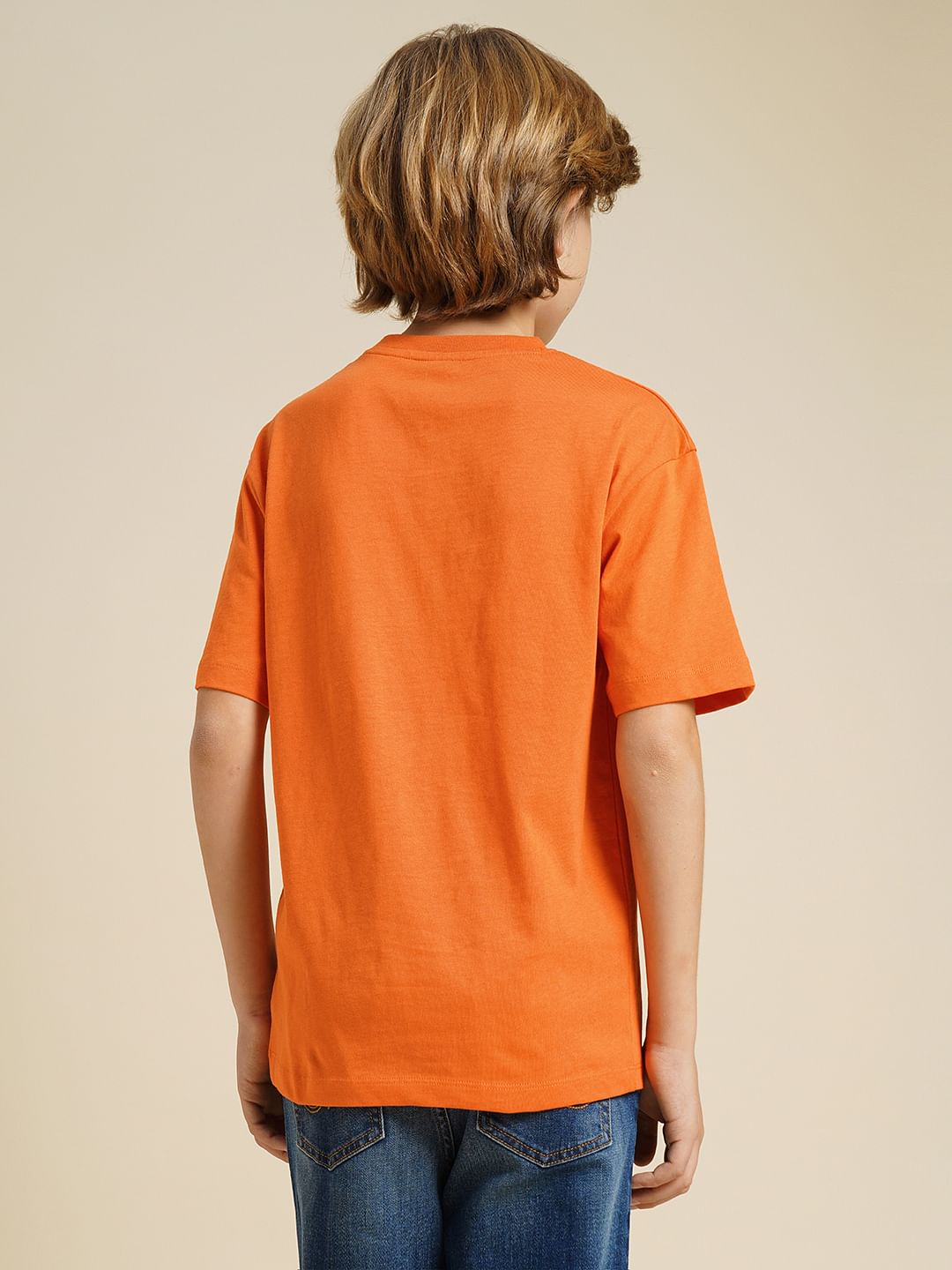 Boys Orange Printed Cotton T-shirt