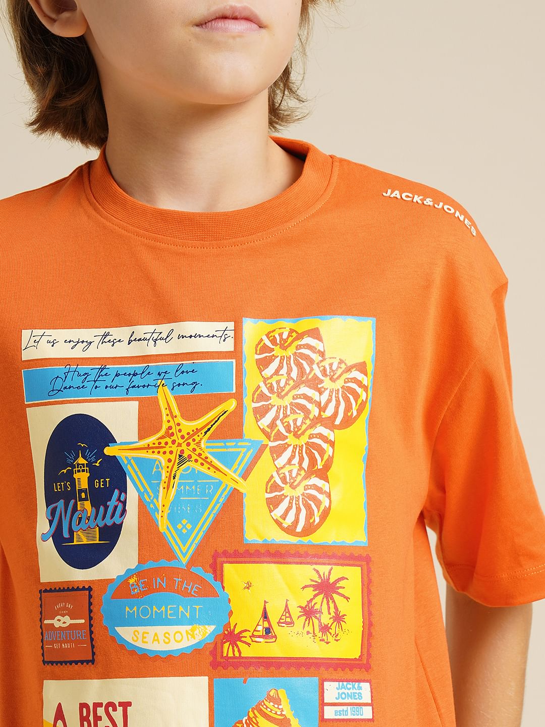 Boys Orange Printed Cotton T-shirt