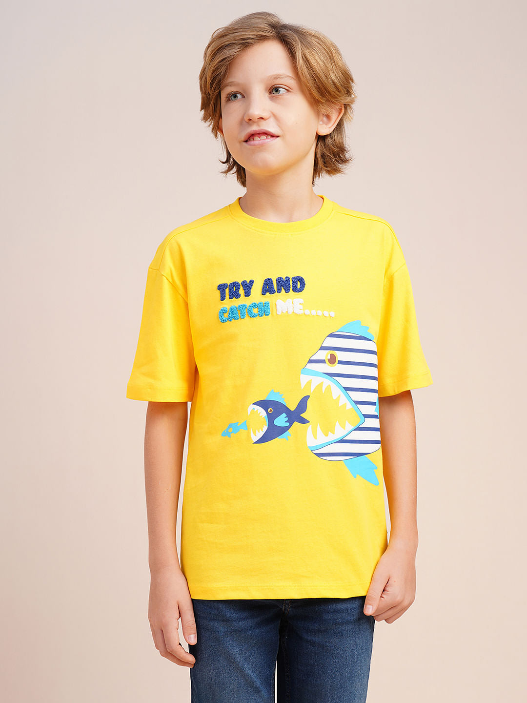 Boys Yellow Printed Cotton T-shirt