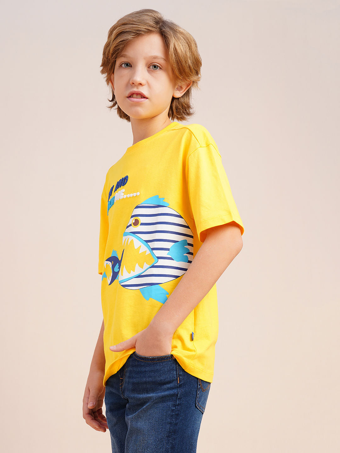 Boys Yellow Printed Cotton T-shirt