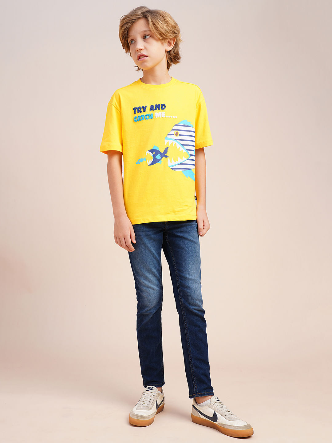 Boys Yellow Printed Cotton T-shirt