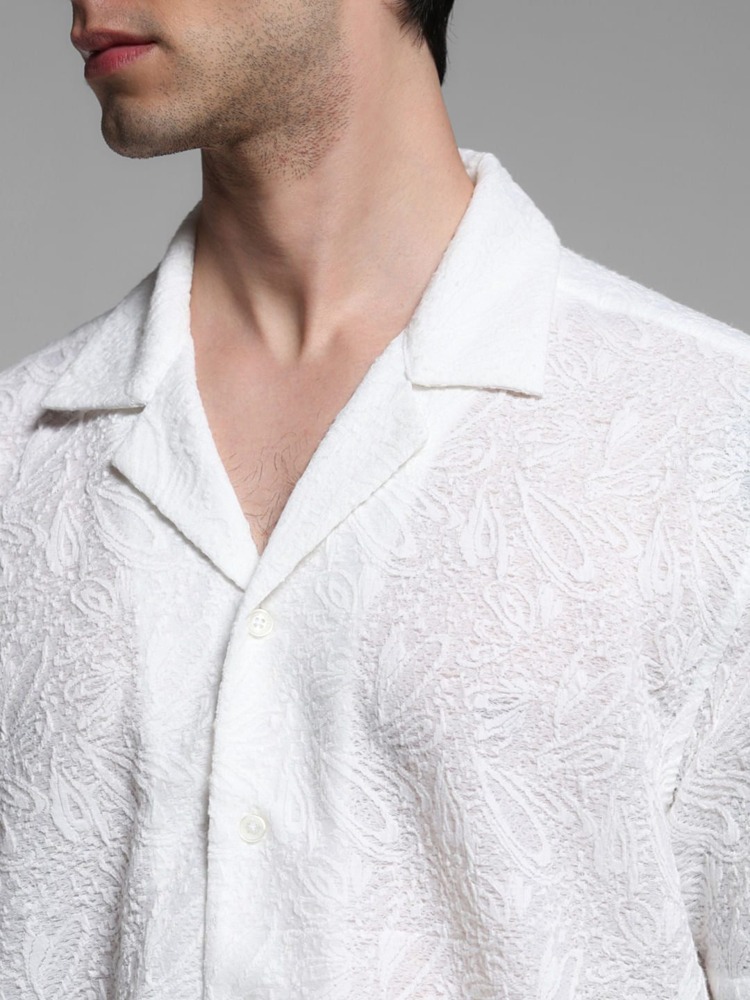White Resort Collar Textured Shirt