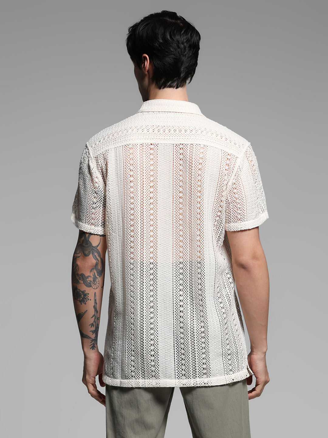 Beige Schiffli Resort Collar Shirt