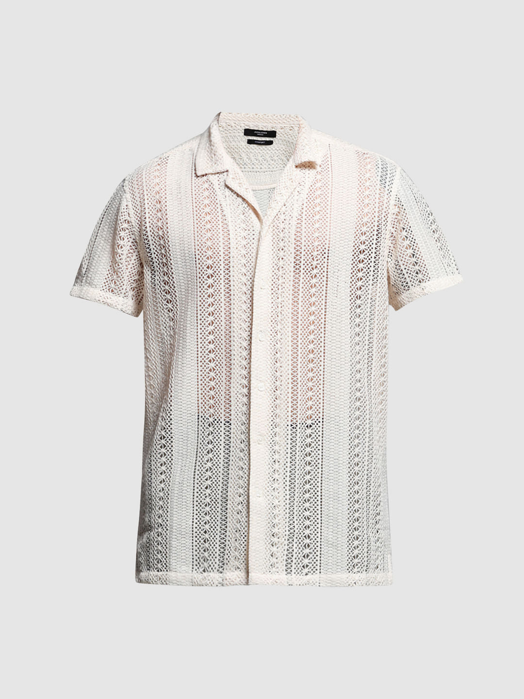 Beige Schiffli Resort Collar Shirt