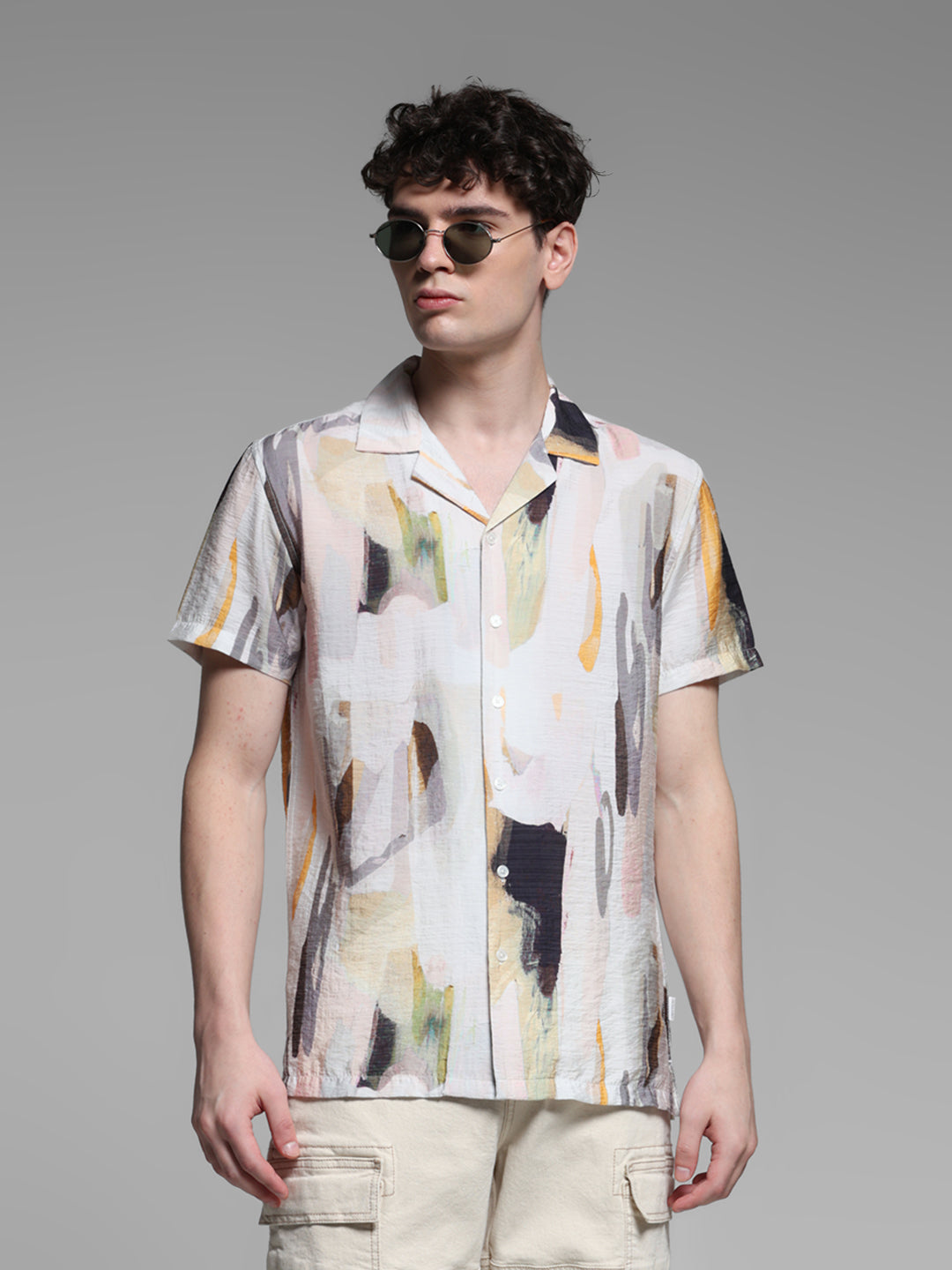 Men's Grey Abstract Printed Resort Collar Shirt Regular Fit - M