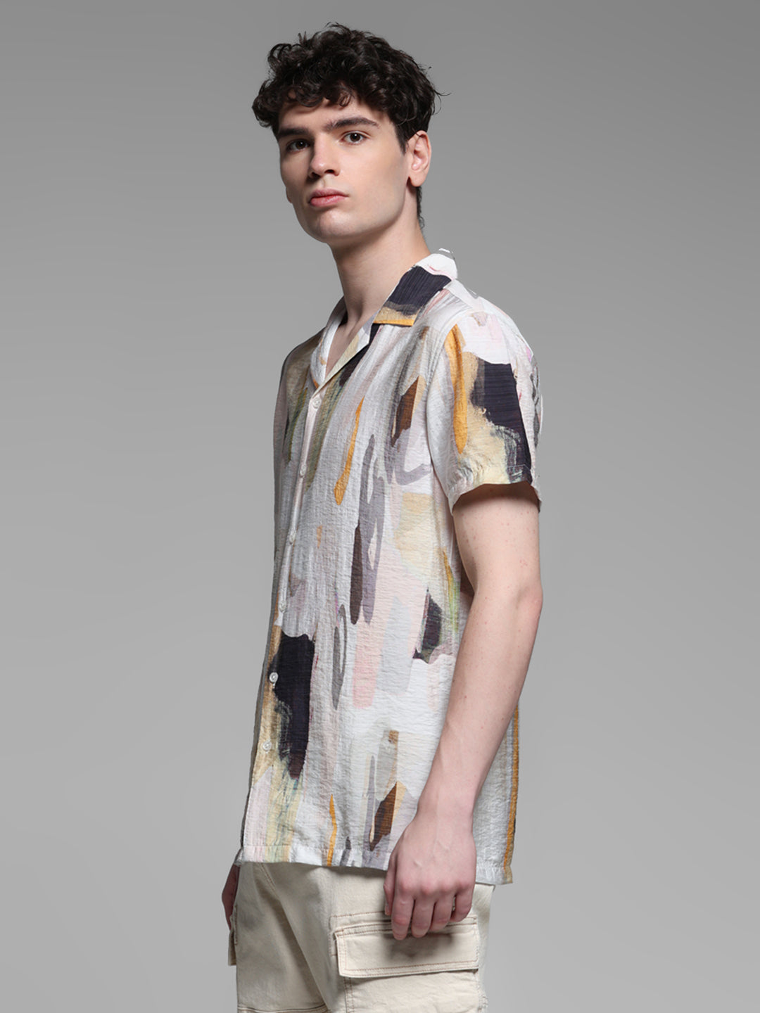 Men's Grey Abstract Printed Resort Collar Shirt Regular Fit