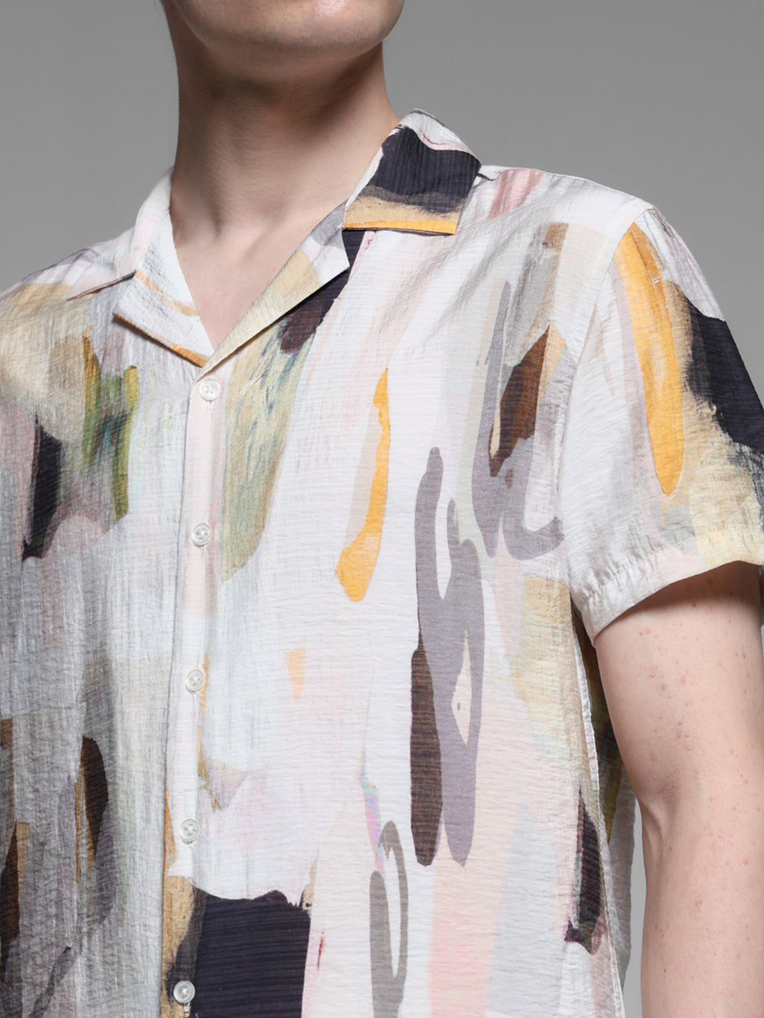 Men's Grey Abstract Printed Resort Collar Shirt Regular Fit