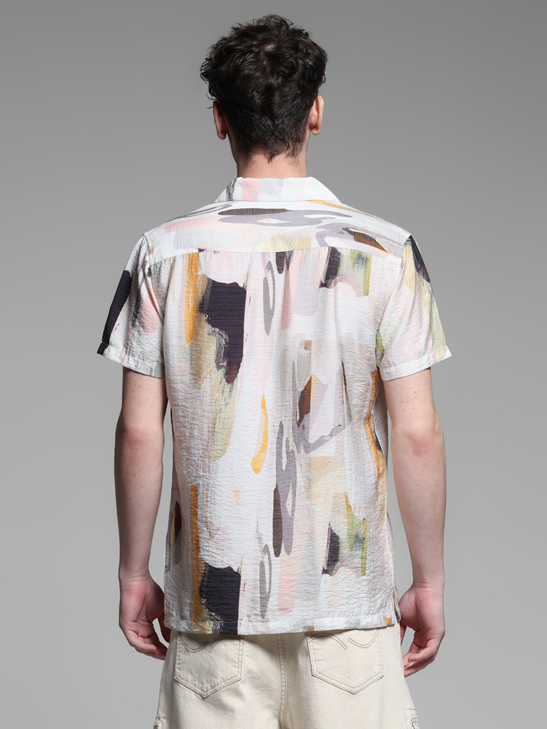 Men's Grey Abstract Printed Resort Collar Shirt Regular Fit