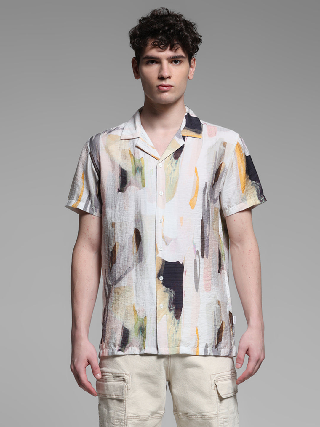 Men's Grey Abstract Printed Resort Collar Shirt Regular Fit