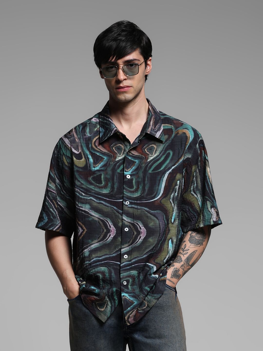 Black Printed Lyocell Oversized Shirt - S