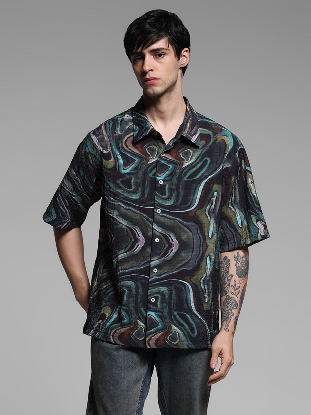 Black Printed Lyocell Oversized Shirt