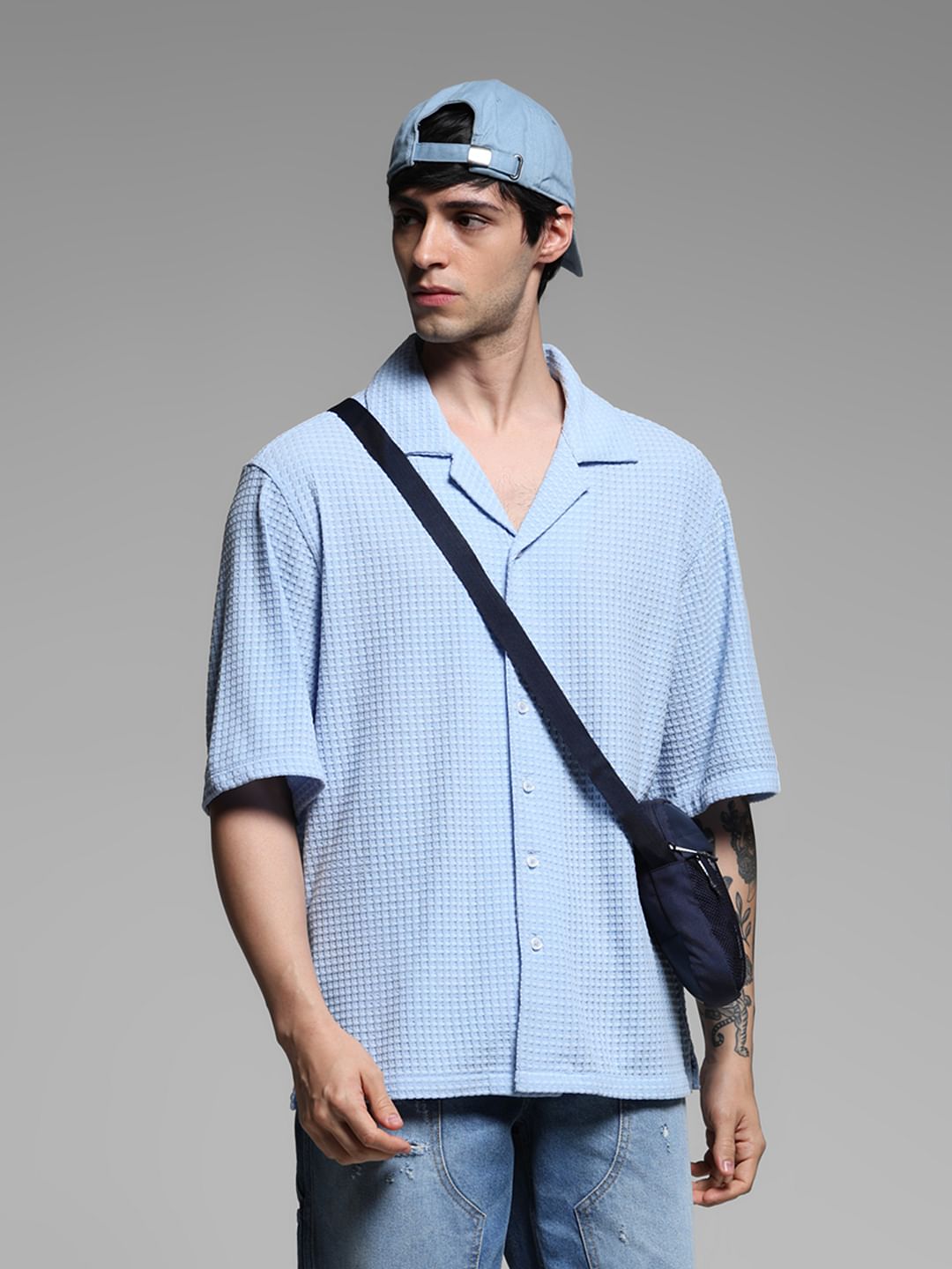 Blue Oversized Short Sleeves Shirt - L