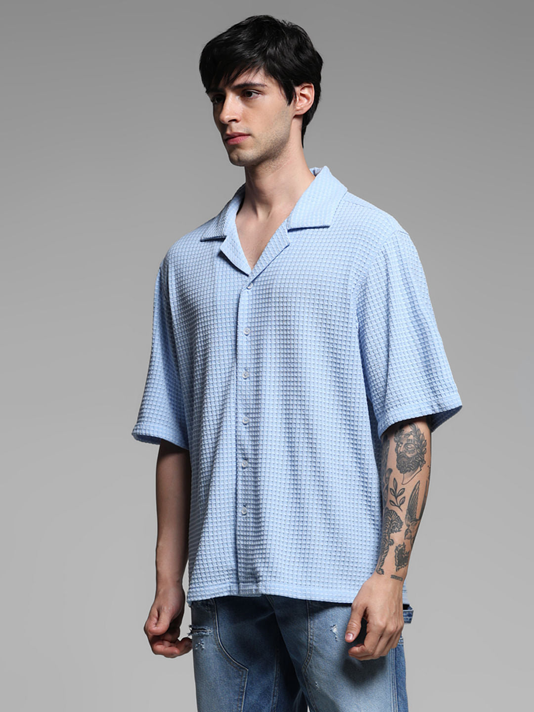 Blue Oversized Short Sleeves Shirt