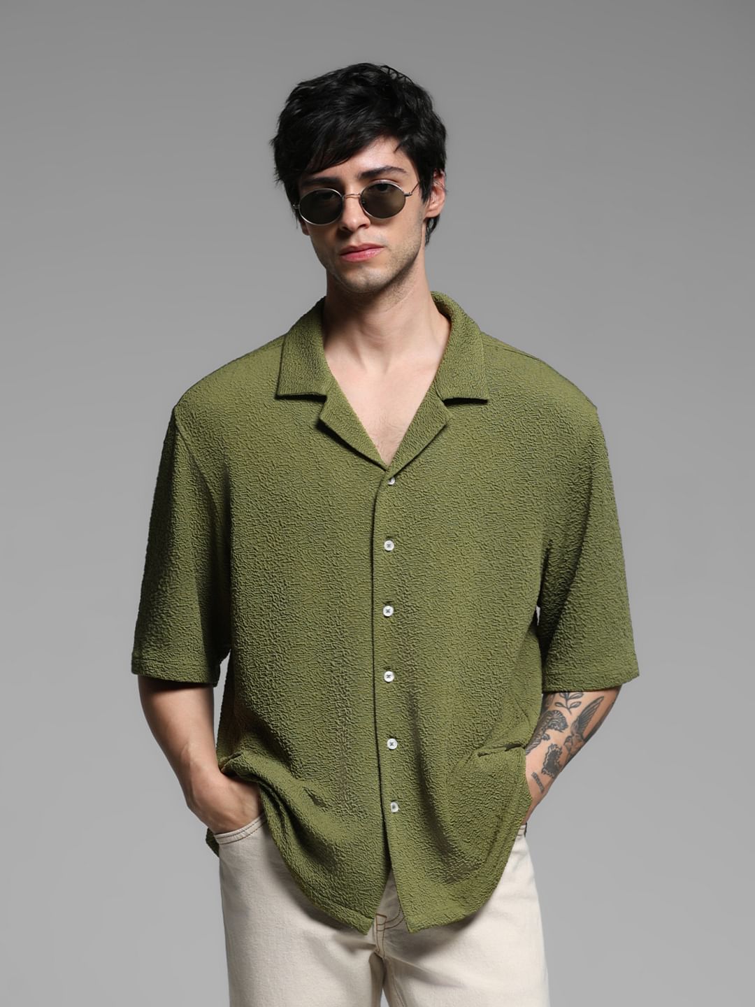 Olive Green Short Sleeves Shirt - S