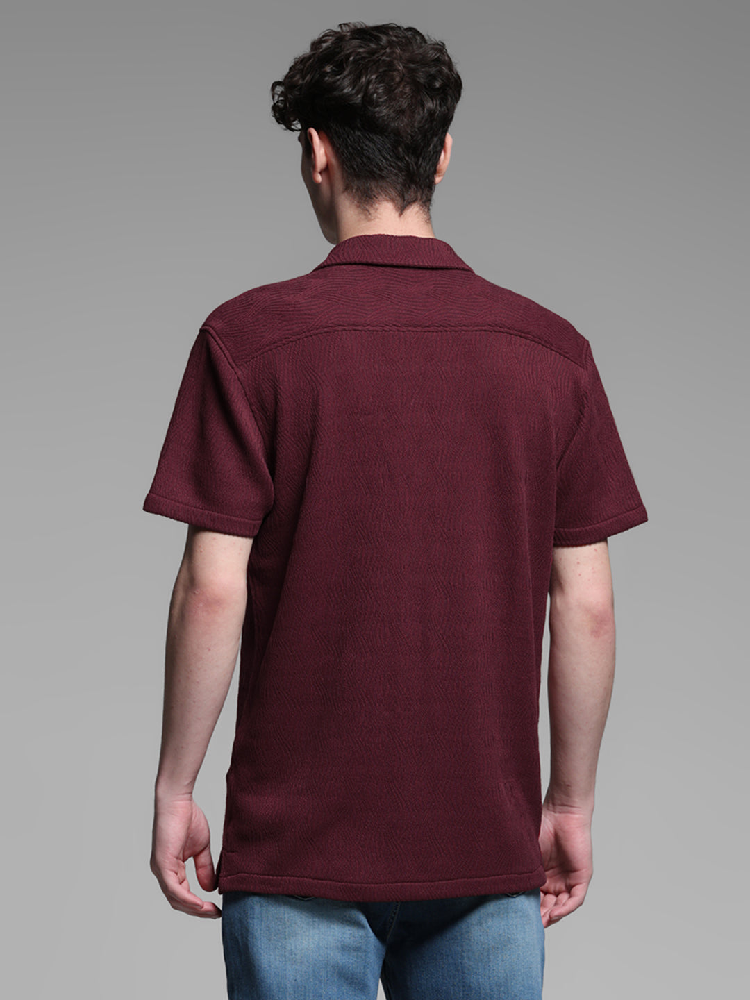 Men's Burgundy Textured Resort Collar Relaxed Fit Shirt