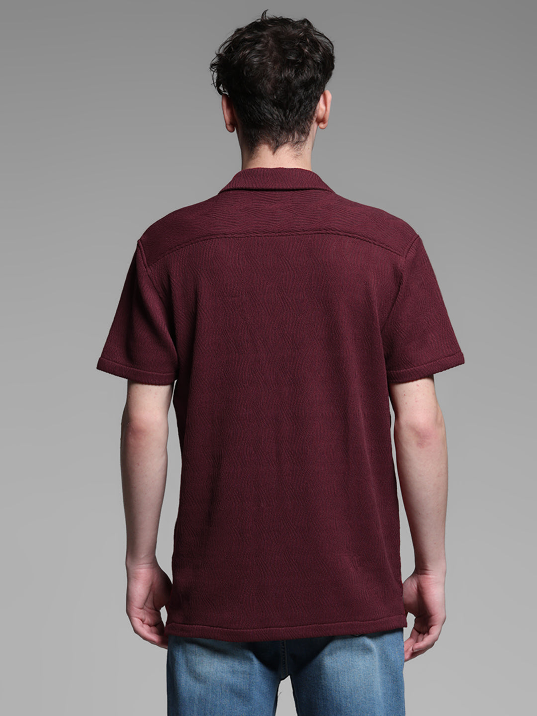Men's Burgundy Textured Resort Collar Relaxed Fit Shirt