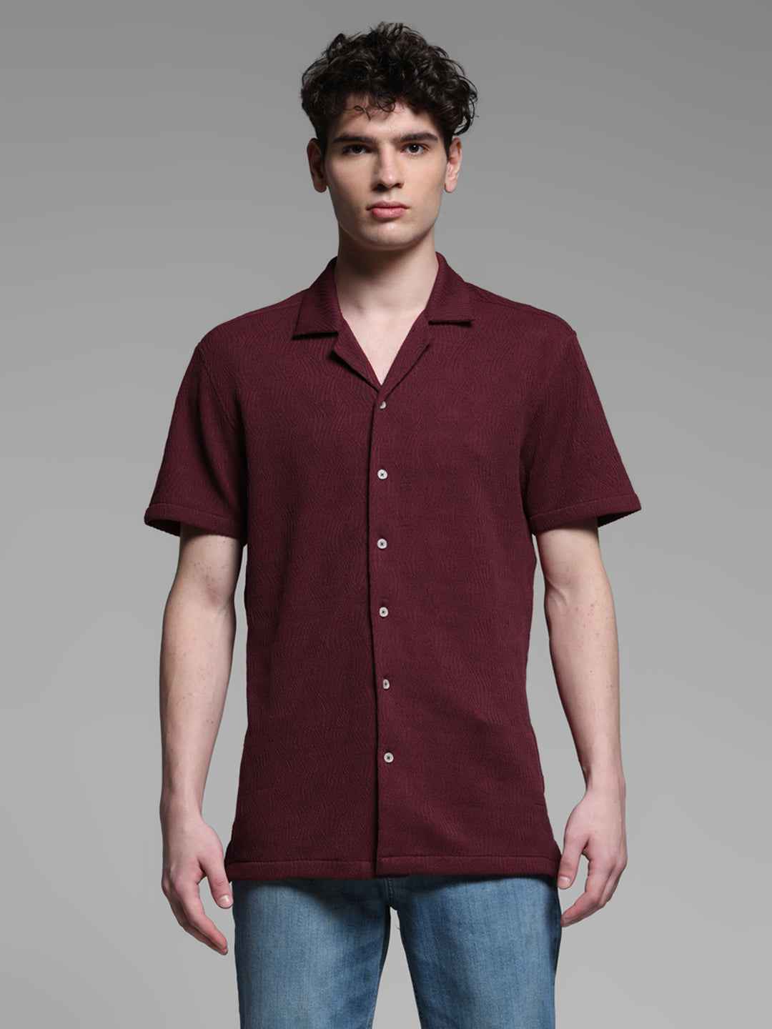 Men's Burgundy Textured Resort Collar Relaxed Fit Shirt