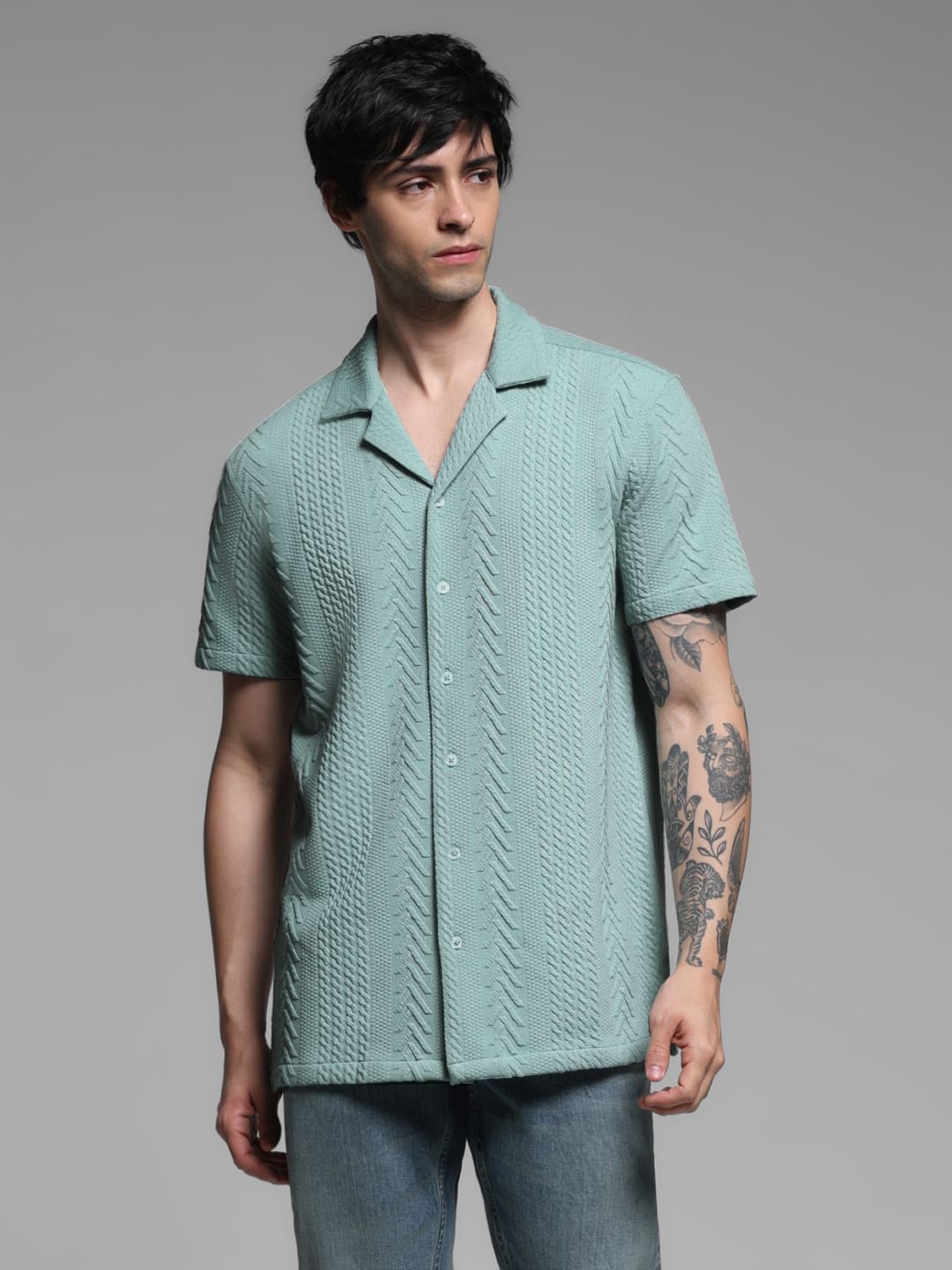 Green Textured Short Sleeves Shirt