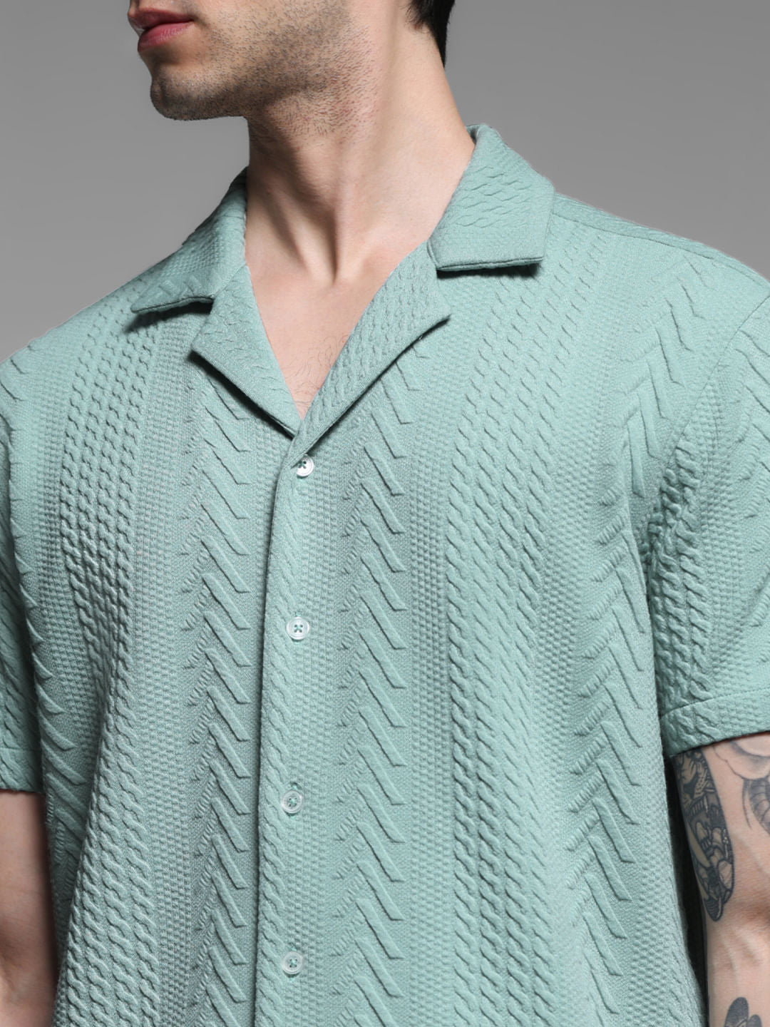 Green Textured Short Sleeves Shirt