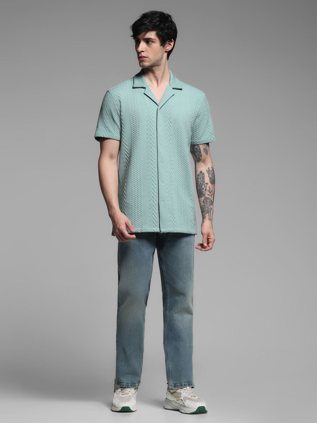Green Textured Short Sleeves Shirt