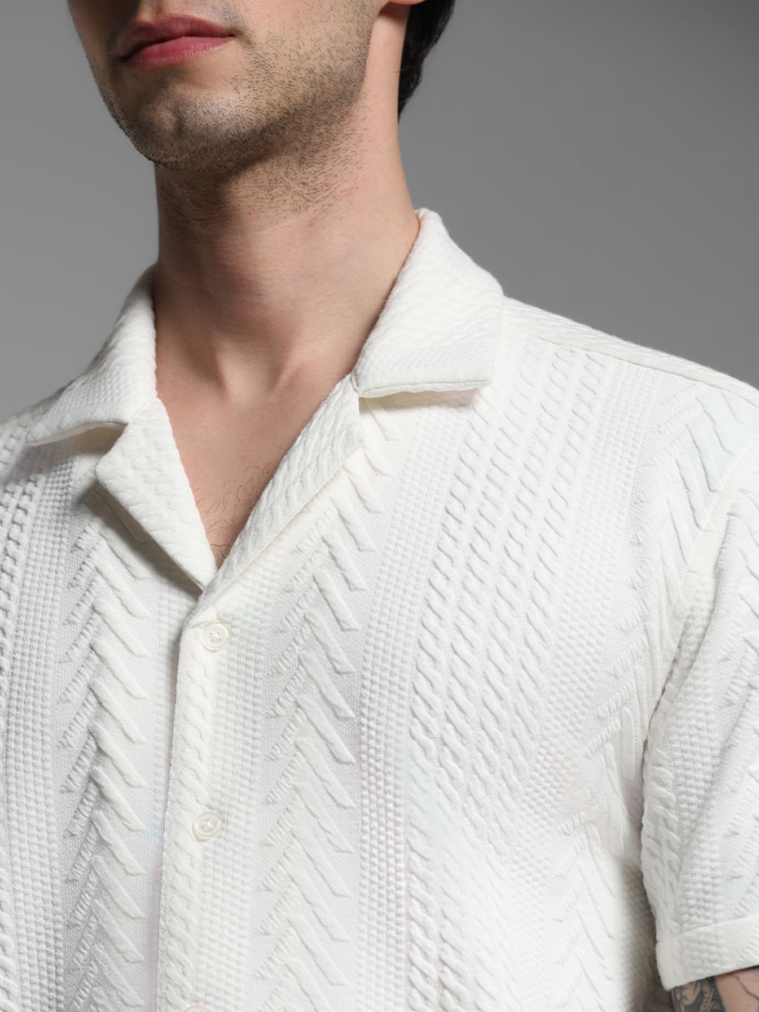 White Textured Short Sleeves Shirt
