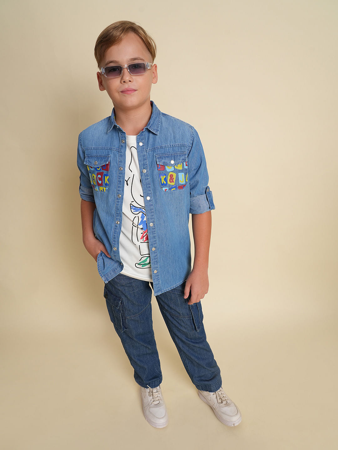 Boys Blue Printed Pockets Denim Shirt