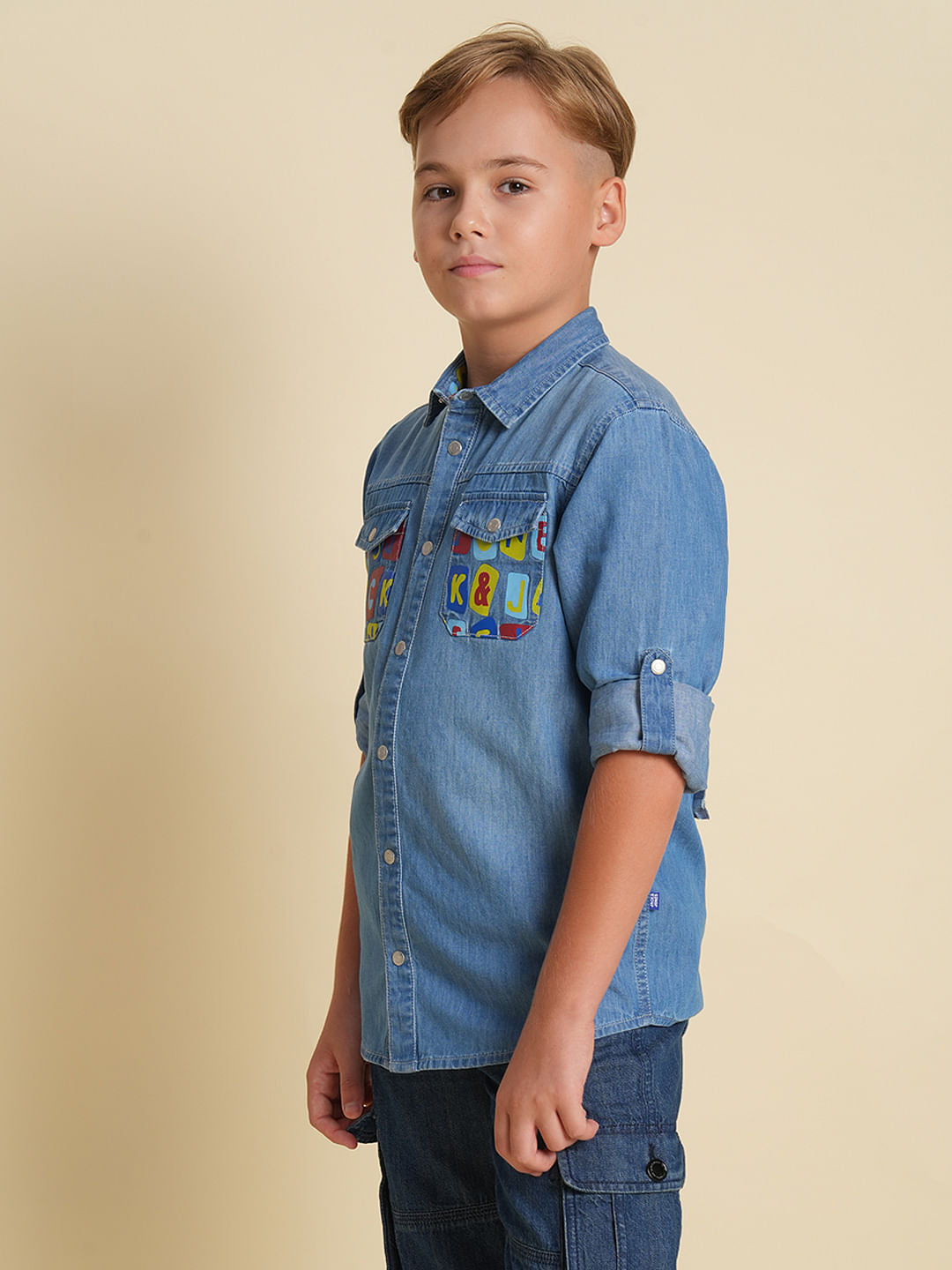 Boys Blue Printed Pockets Denim Shirt