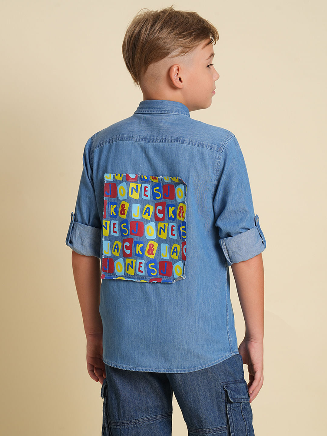 Boys Blue Printed Pockets Denim Shirt