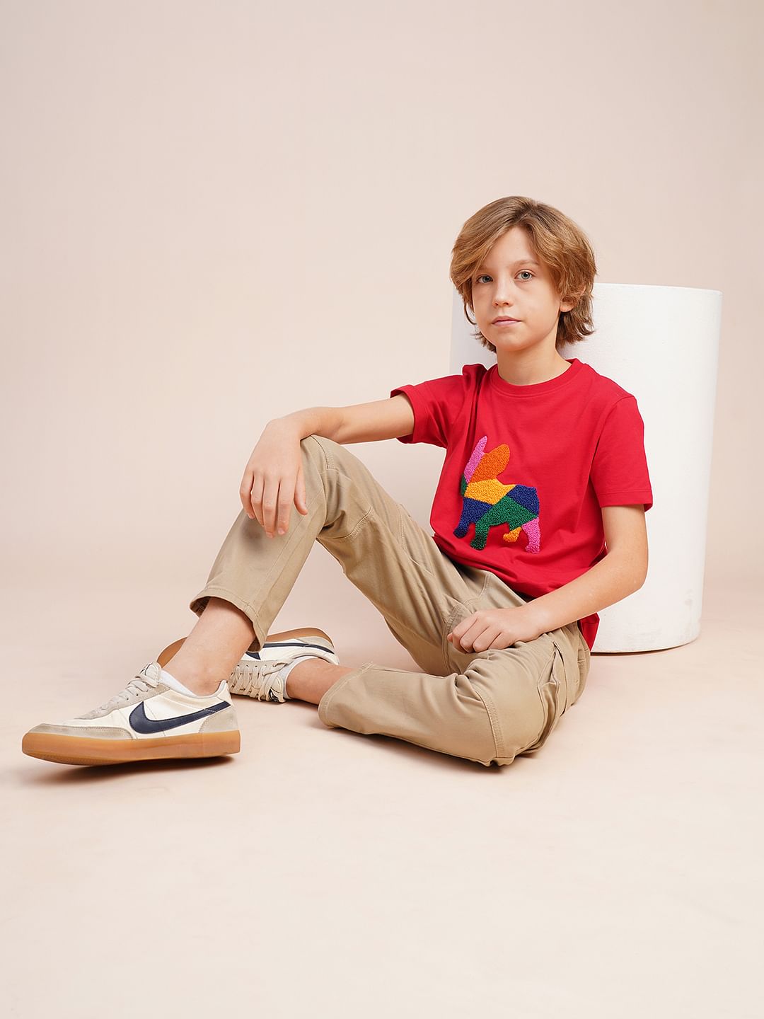 Boys Red Embroidered Doggo Print T-shirt - 6/7Y