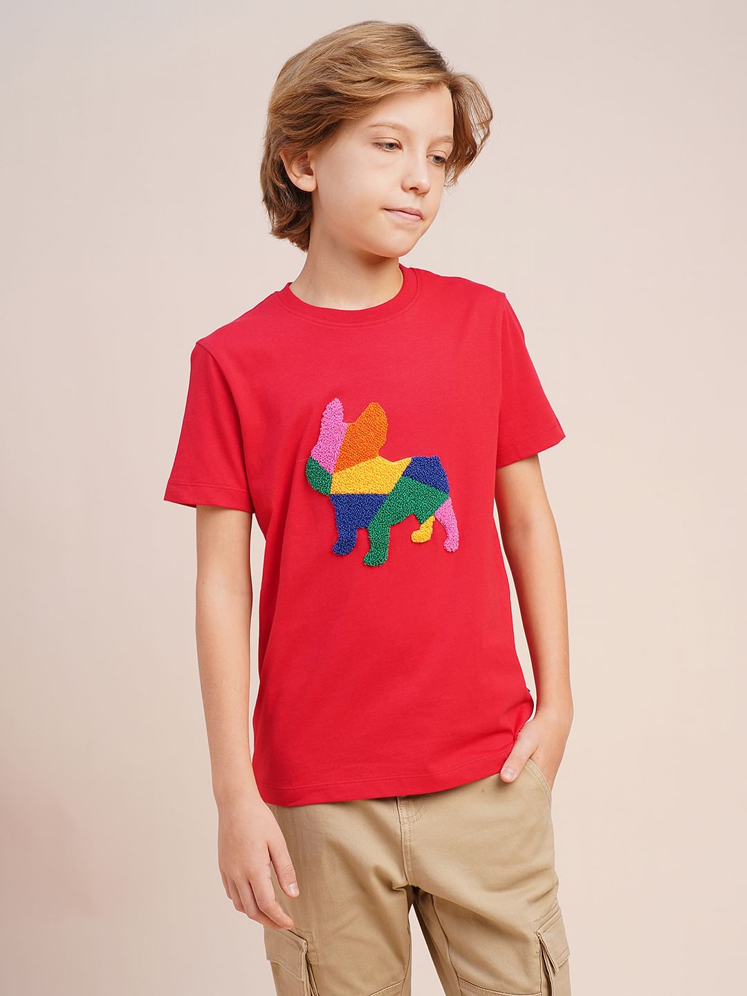 Boys Red Embroidered Doggo Print T-shirt