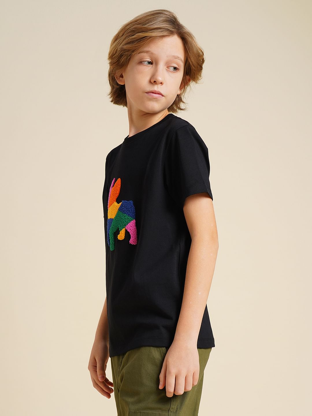 Boys Black Embroidered Doggo Print T-shirt