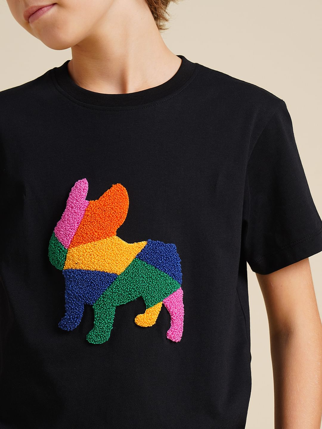 Boys Black Embroidered Doggo Print T-shirt