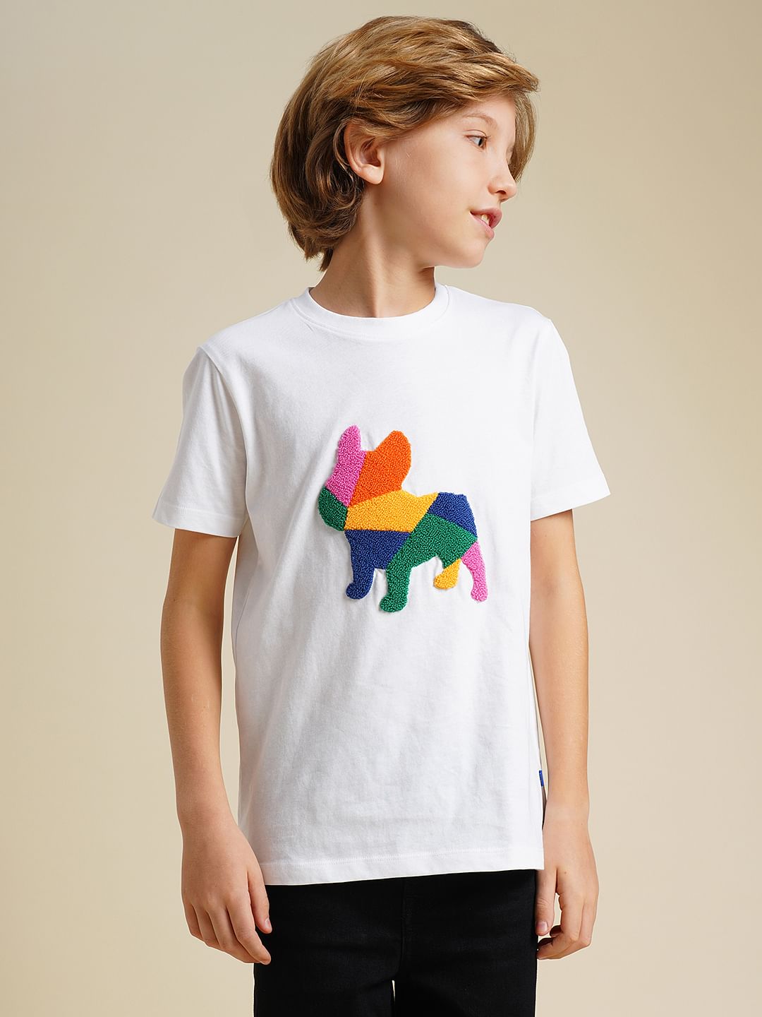 Boys White Embroidered Doggo Print T-shirt