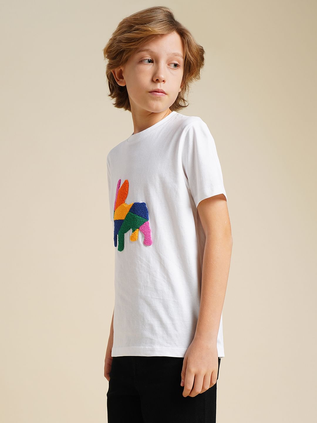 Boys White Embroidered Doggo Print T-shirt
