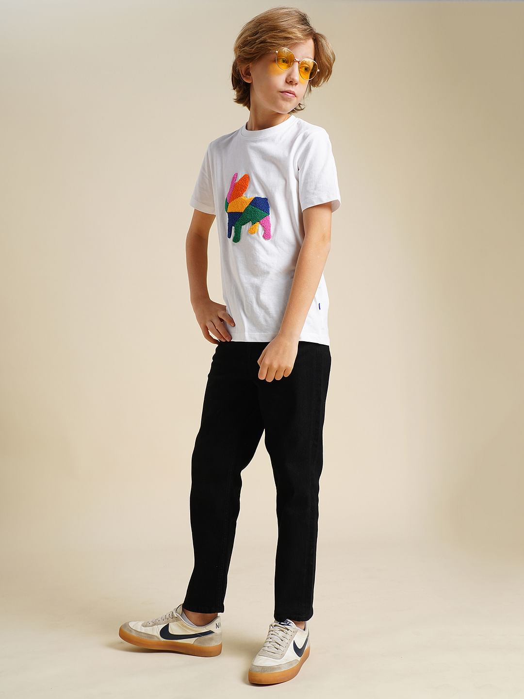 Boys White Embroidered Doggo Print T-shirt