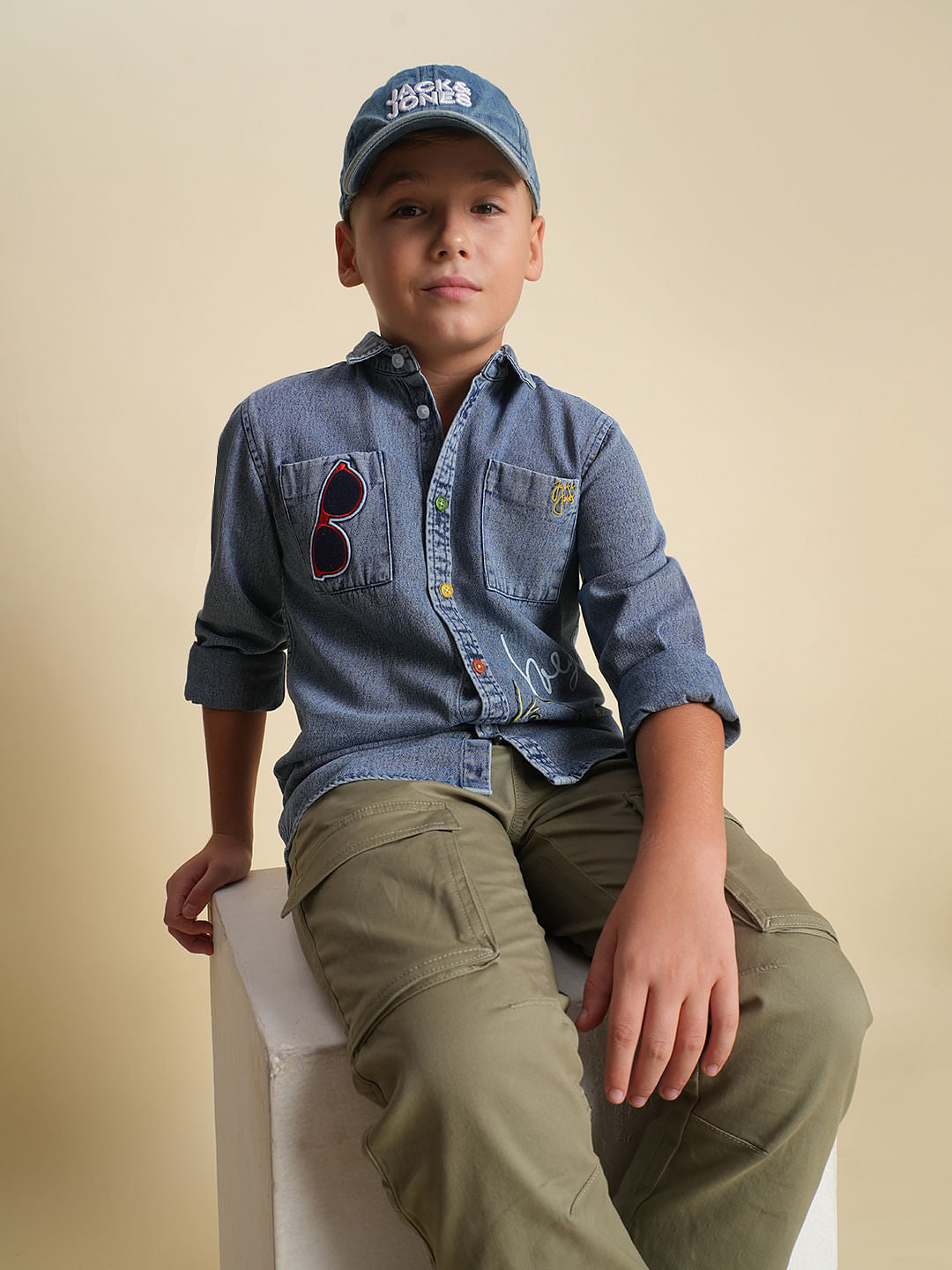 Boys Blue Printed Denim Shirt
