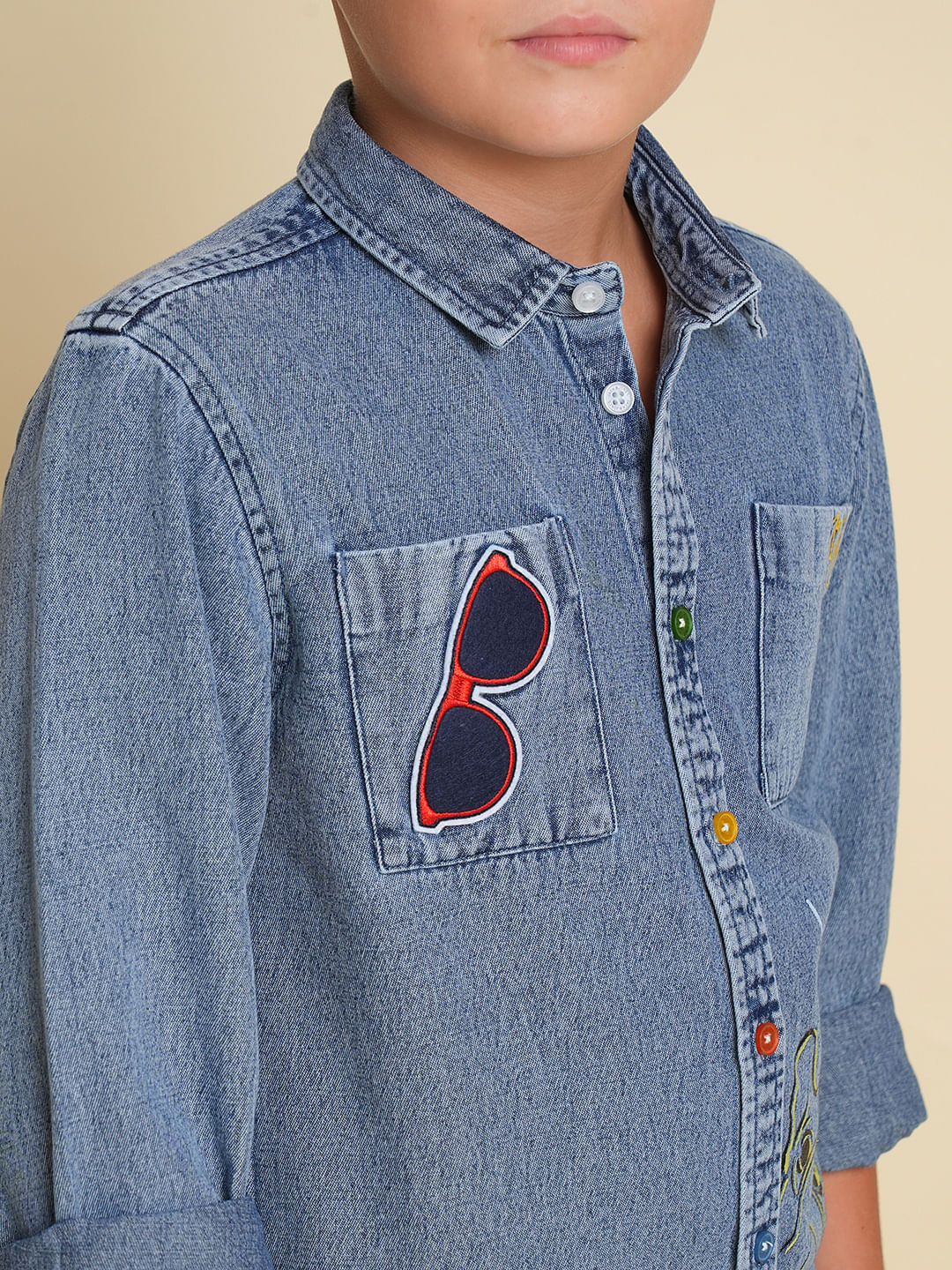 Boys Blue Printed Denim Shirt