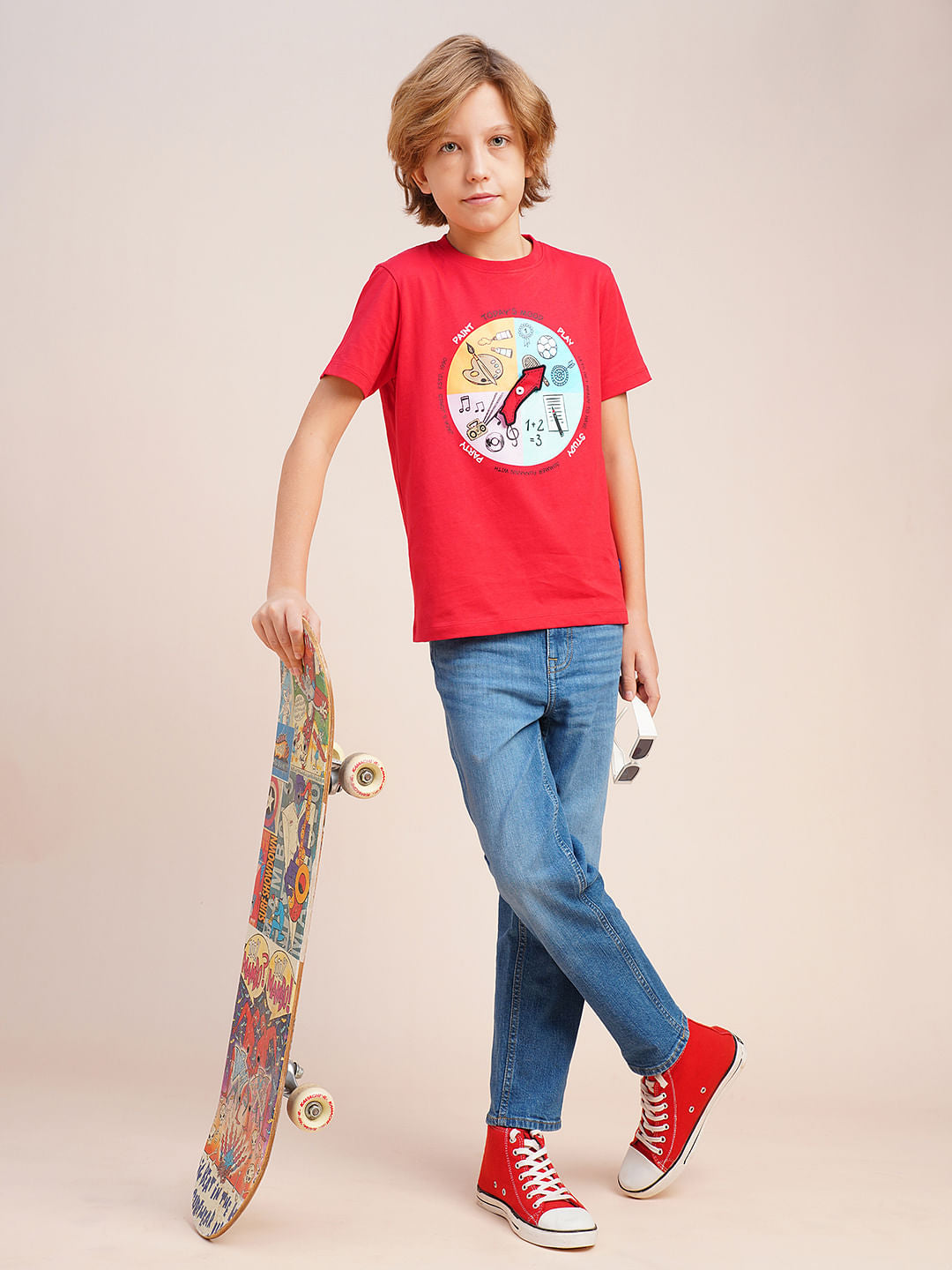 Boys Red Graphic Print Cotton T-shirt