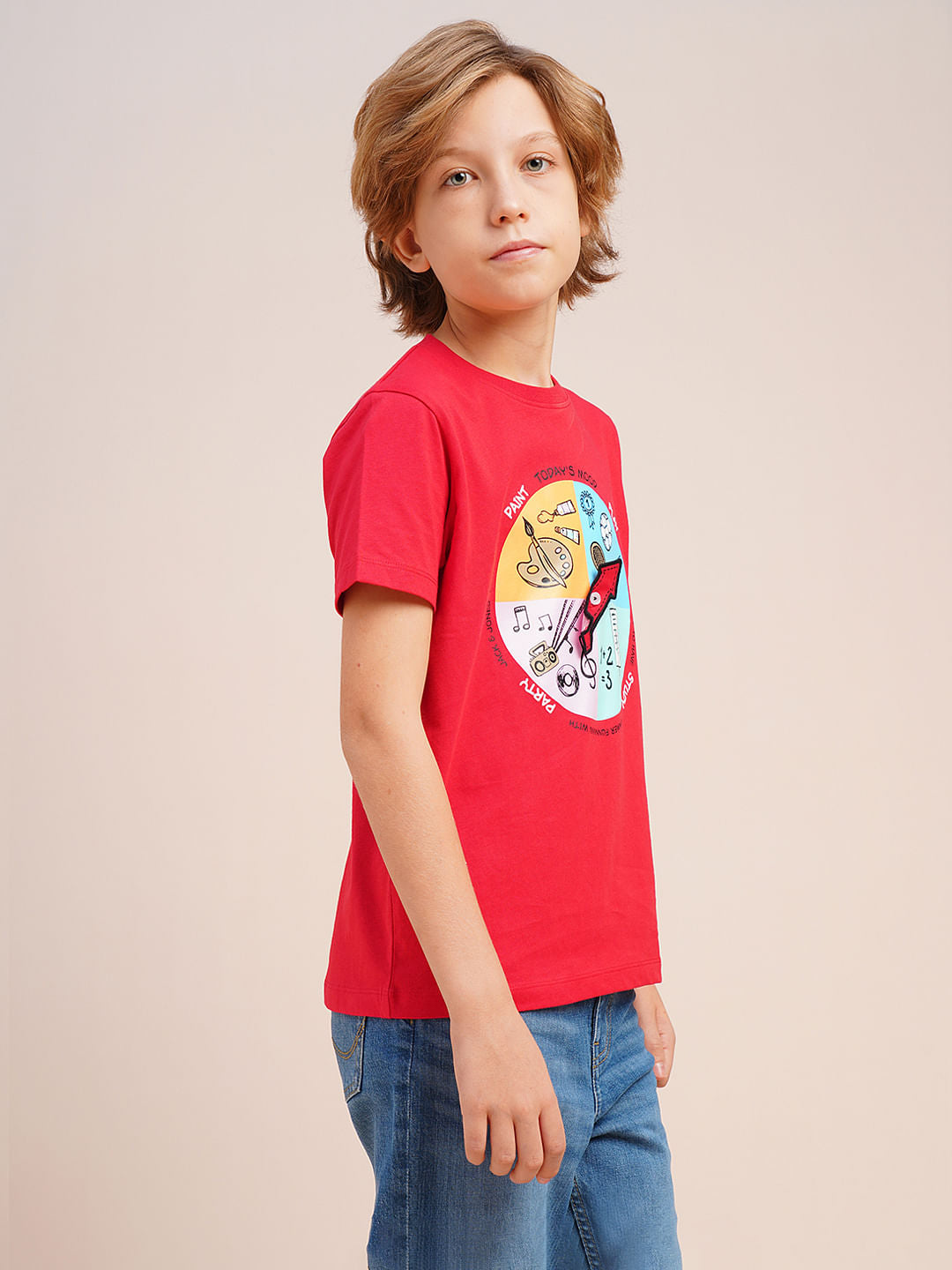 Boys Red Graphic Print Cotton T-shirt
