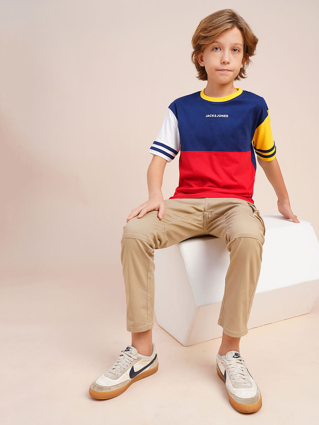 Boys Red Colourblocked Cotton T-shirt