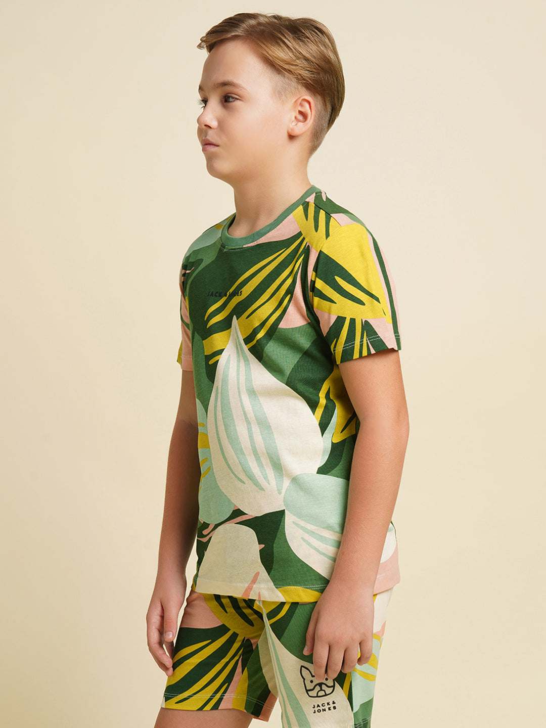 JACK&JONES JUNIOR Boys Green Tropical Print Co-ord Set T-shirt