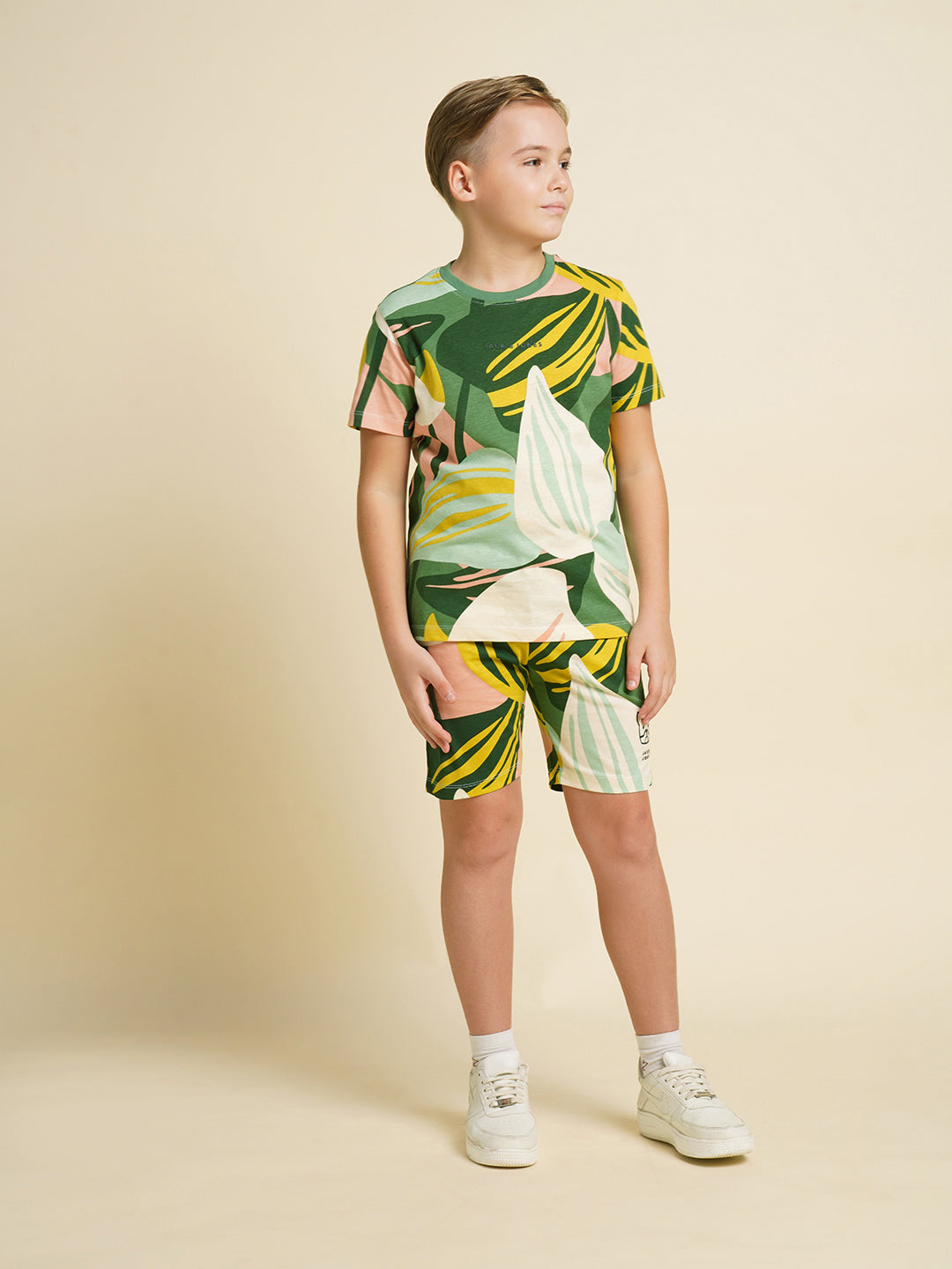 JACK&JONES JUNIOR Boys Green Tropical Print Co-ord Set T-shirt