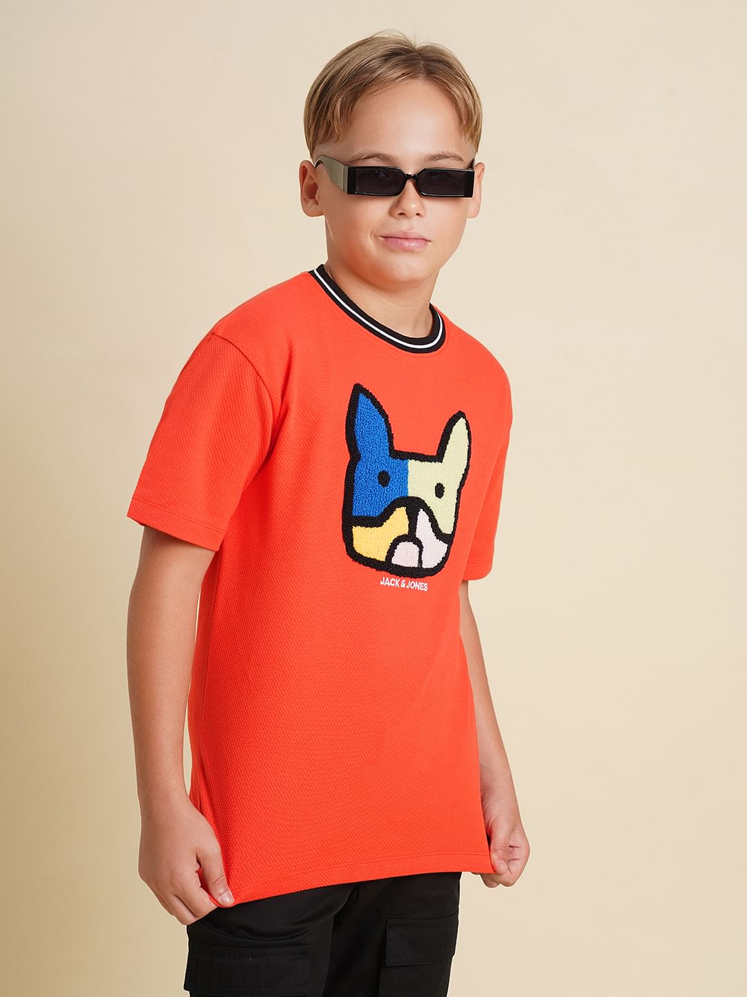 Boys Red Embroidered Doggo Print T-shirt