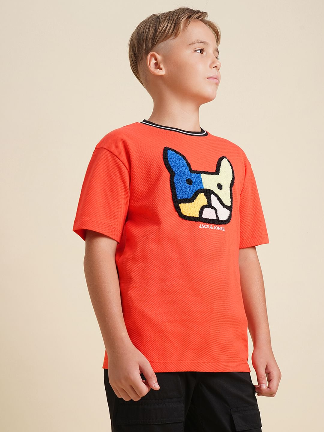 Boys Red Embroidered Doggo Print T-shirt