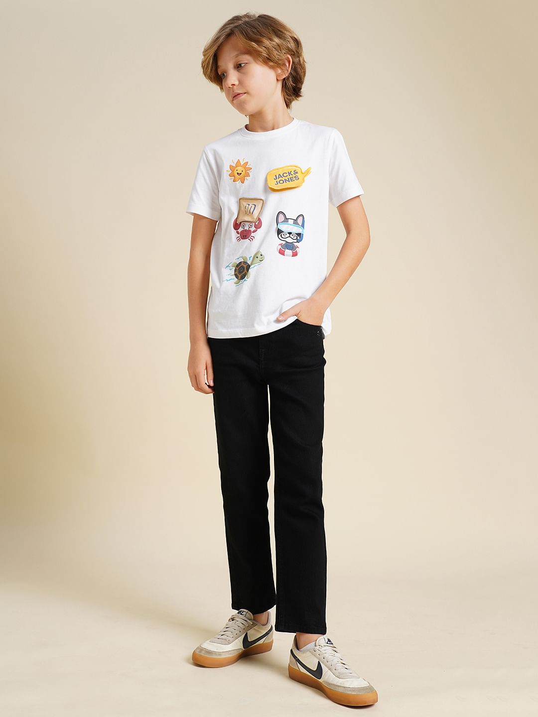 Boys White Graphic Print T-Shirt