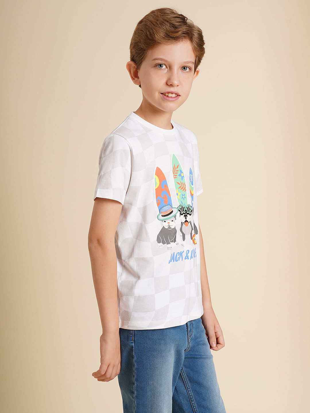 Boys White Interactive Check Print T-shirt