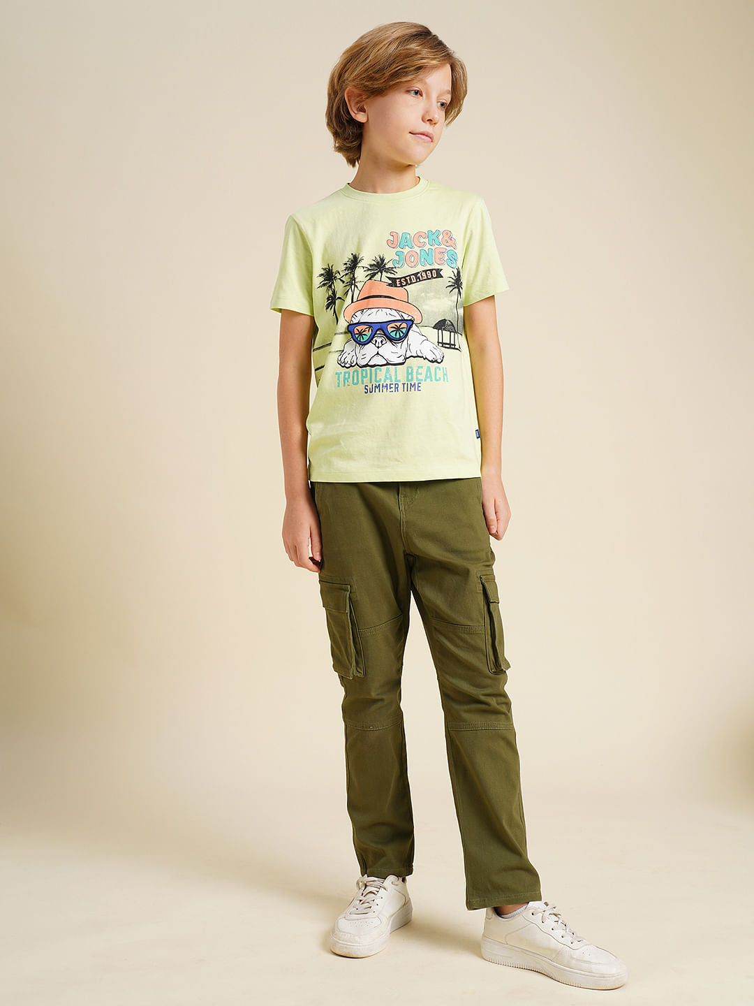 Boys Green Printed Cotton T-shirt