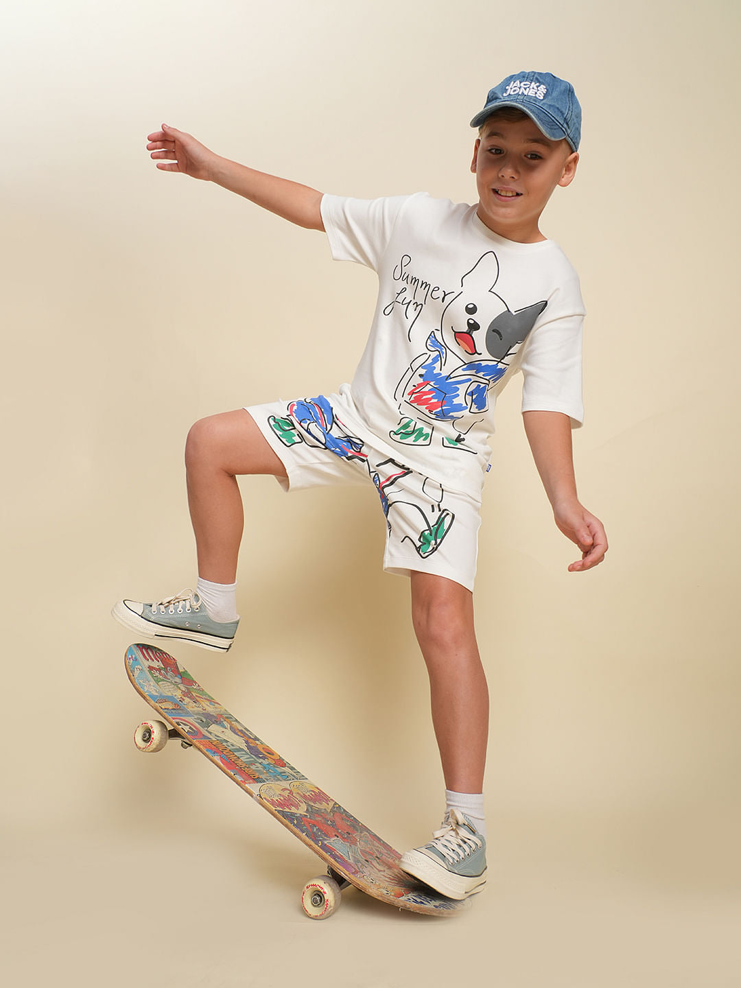 Boys White Printed Co-ord Set T-Shirt