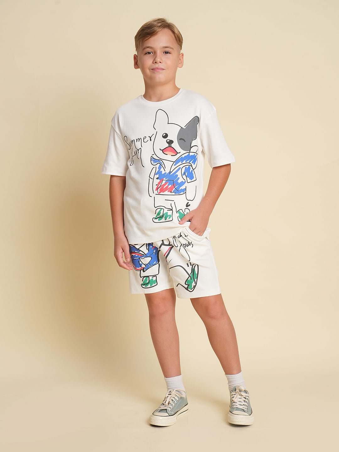 Boys White Printed Co-ord Set T-Shirt